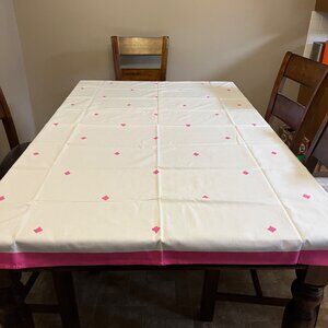 Cally & Co White Pink Border Tablecloth 72x59 Cotton Diamond Design Used